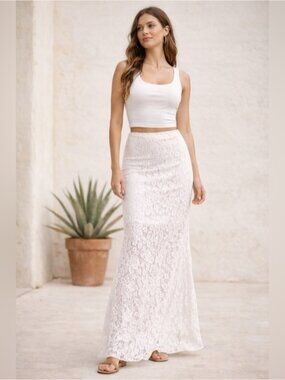 PepperMayo White Lace Maxi Skirt – Women’s XS – Sheer Floral Lace Mermaid Hem